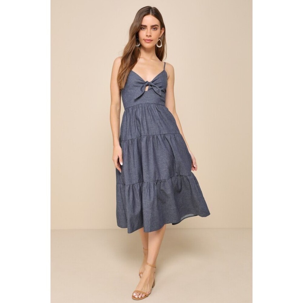 Lulus Sunny Day Strolls Dark Wash Chambray Midi Dress With Pockets Blue - Size L